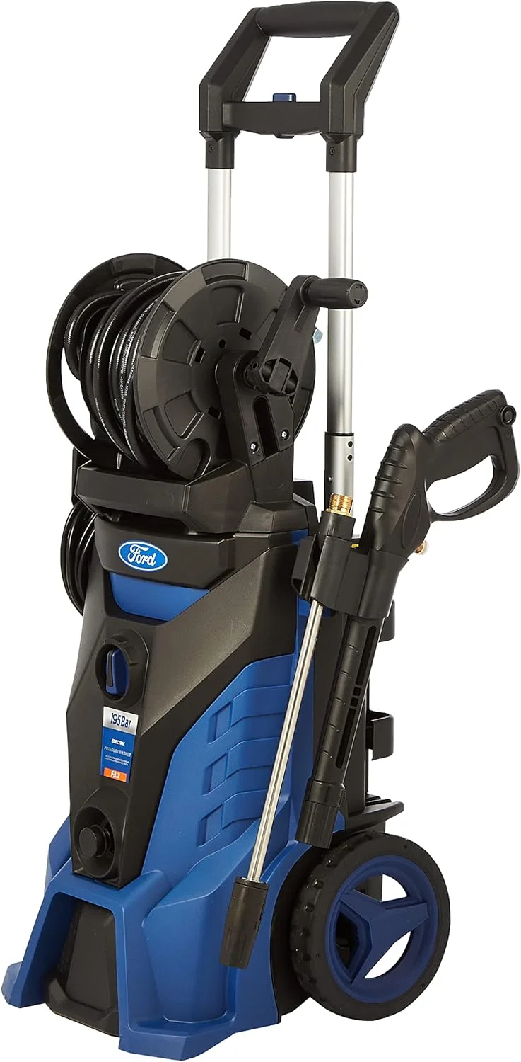 کارواش برقی 195 بار فورد با موتور القایی، شلنگ 10 متری و مخزن مواد شوینده، 4 نازل اتصال سریع، کارواش 2500 وات چرخ دار برای خودرو، خانه و باغ، آبی، F3.2