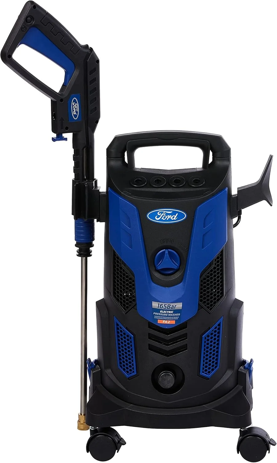 کارواش برقی فورد مدل F4.2، جمع و جور، 165 بار، 2200 وات، دارای شلنگ 8 متری و مخزن مواد شوینده، 4 نازل اتصال، 4 چرخ قفل‌دار سریع، مناسب برای خودرو، خانه و باغ