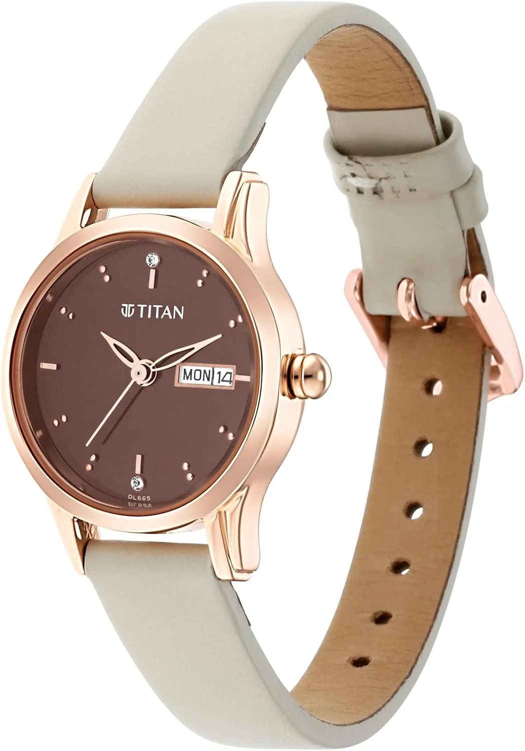 ساعت مچی آنالوگ زنانه تایتان کارিশما با صفحه گرد قهوه ای و بند چرمی سفید - 2656WL01 ساعت مچی آنالوگ زنانه تایتان کارিশما با صفحه گرد قهوه ای و بند چرمی سفید - 2656WL01