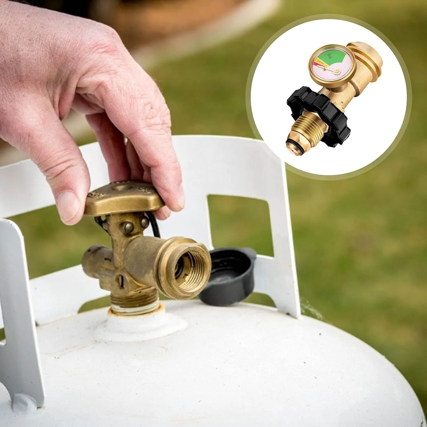 MAKINGTEC مانومتر گاز پروپان POL با آشکارساز نشتی داخلی، مناسب برای سیلندر گاز پروپان QCC1، رابط گیج فشار POL، اتصالات مسی رابط مخزن گاز