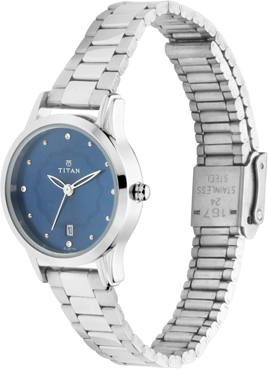 ساعت مچی آنالوگ زنانه تایتان مدل Karishma با صفحه آبی و بدنه فلزی - Nm2628Sm01 / Nl2628Sm01، رنگ بند - نقره ای ساعت مچی آنالوگ زنانه تایتان مدل Karishma با صفحه آبی و بدنه فلزی - Nm2628Sm01 / Nl2628Sm01، رنگ بند - نقره ای