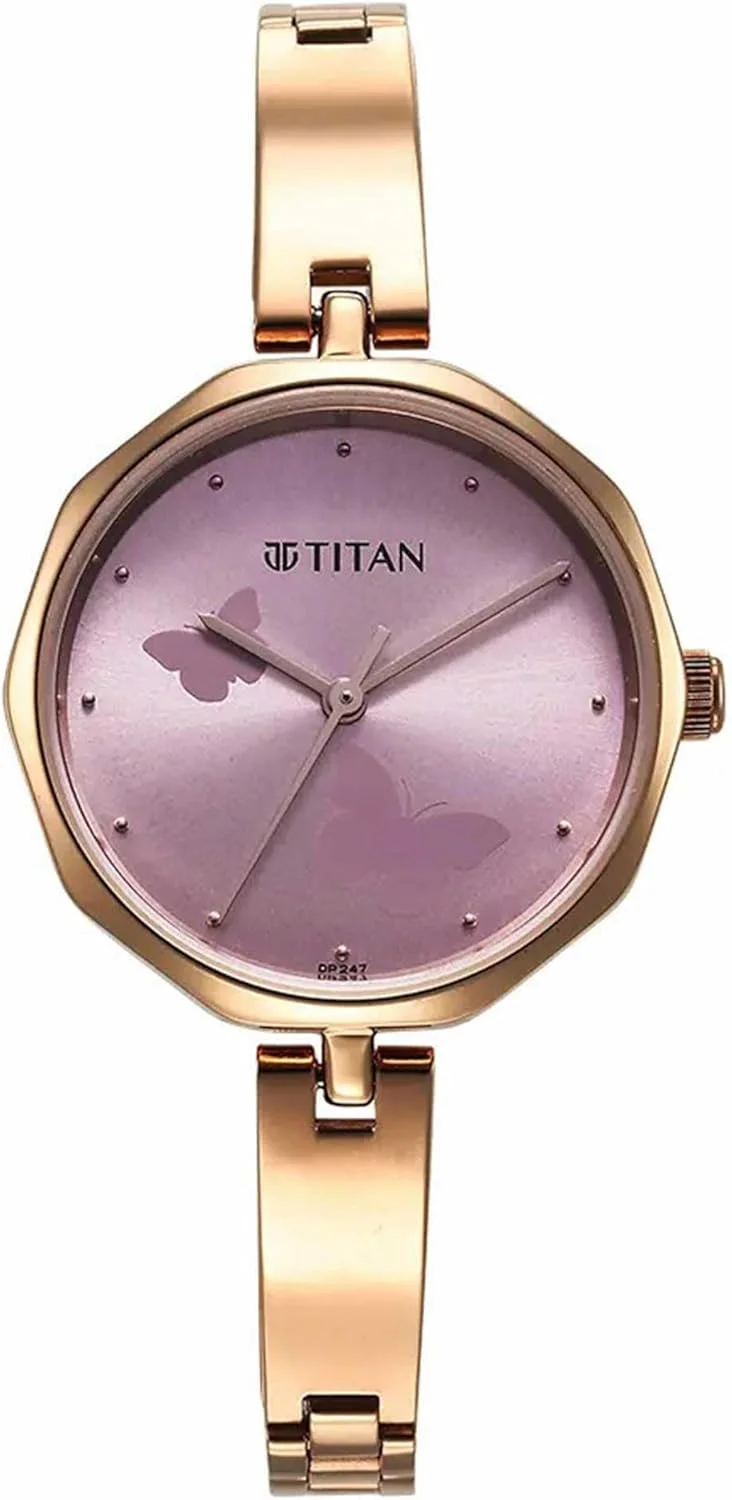 ساعت مچی آنالوگ زنانه تایتان کارিশما با صفحه گرد صورتی و بند استیل ضد زنگ رزگلد - 2702WM02