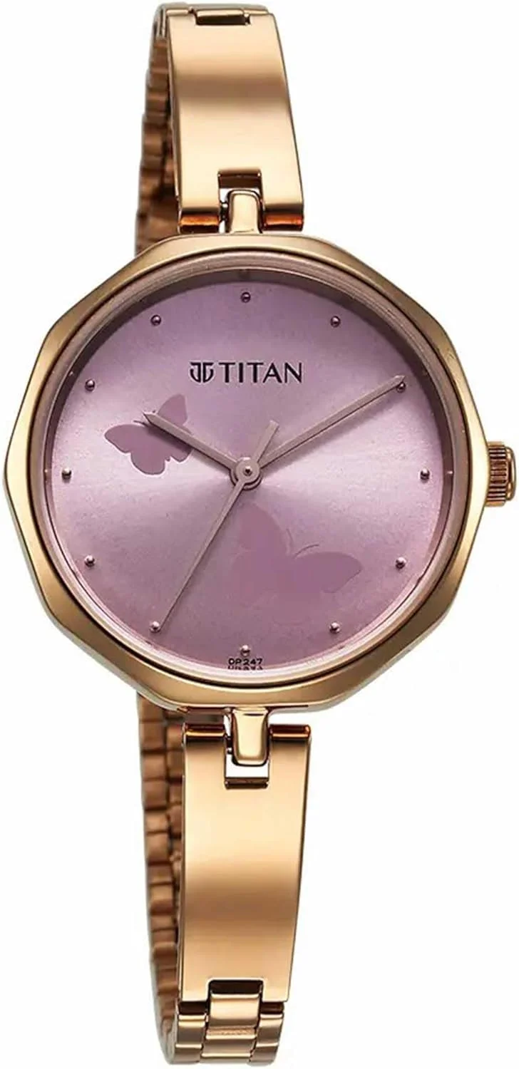ساعت مچی آنالوگ زنانه تایتان کارিশما با صفحه گرد صورتی و بند استیل ضد زنگ رزگلد - 2702WM02