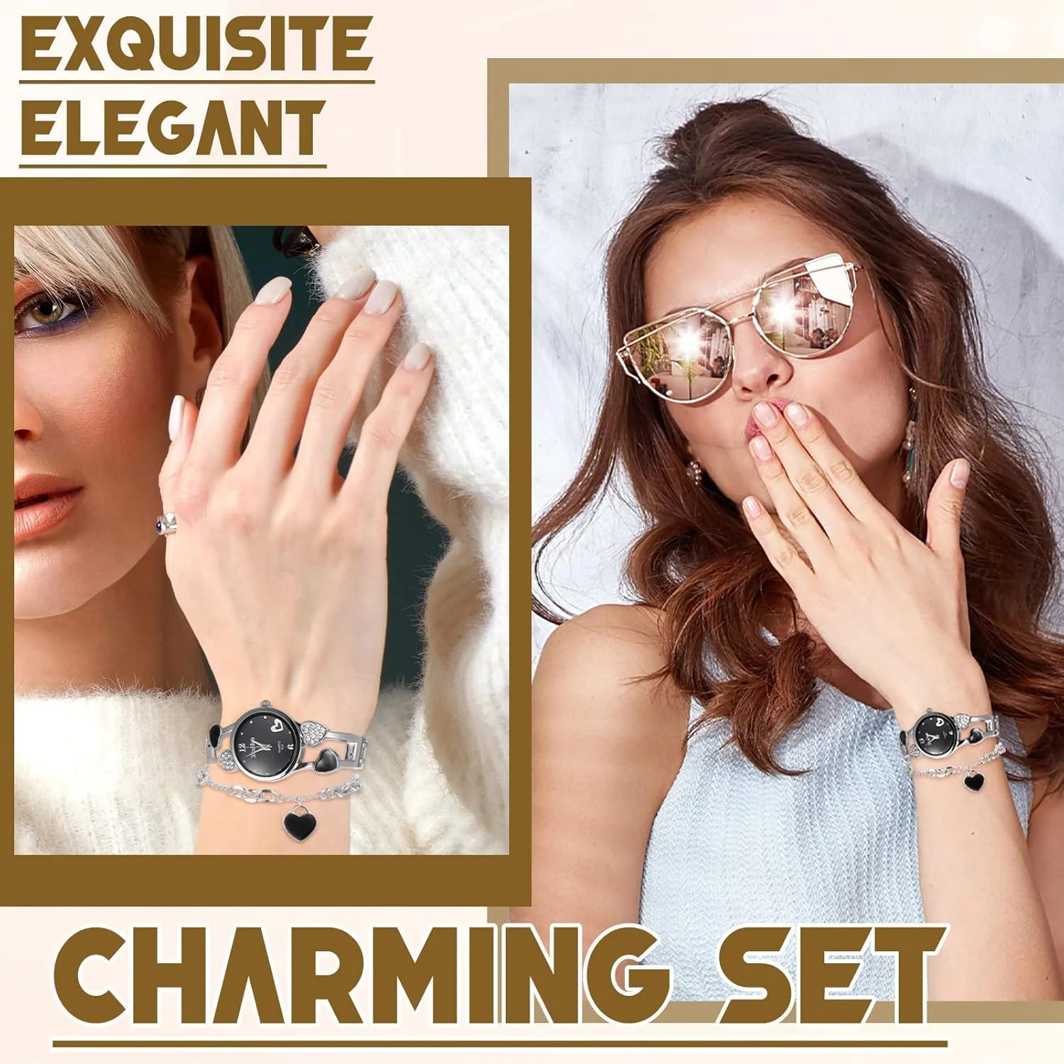 ساعت مچی زنانه TERRIFI مدل قلب به همراه دستبند، ست ساعت و دستبند النگویی دخترانه، ساعت مچی ظریف نگین دار الماس بدلیجات نقره ای به عنوان هدیه روز ولنتاین