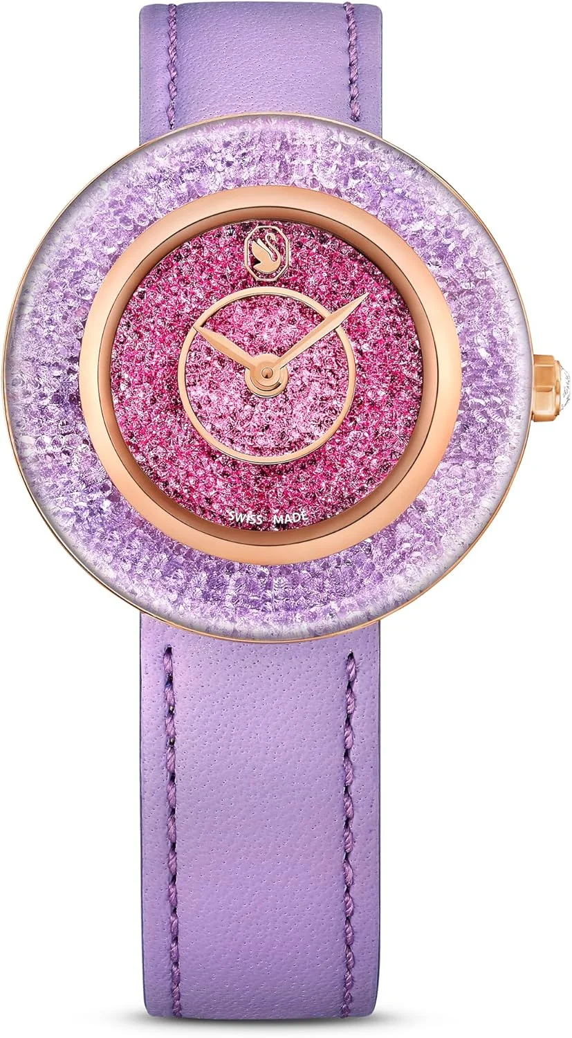 ساعت مچی زنانه سواروسکی مدل Crystalline Lustre، بدنه استیل ضد زنگ، بند چرمی، بنفش/رزگلد