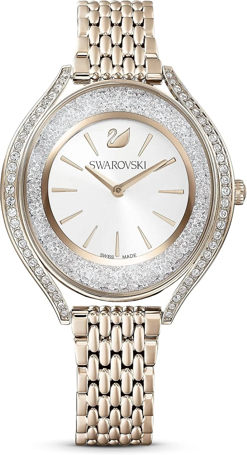 ساعت اصل کریستالین اورا سواروسکی، دستبند فلزی، روکش طلایی شامپاین PVD