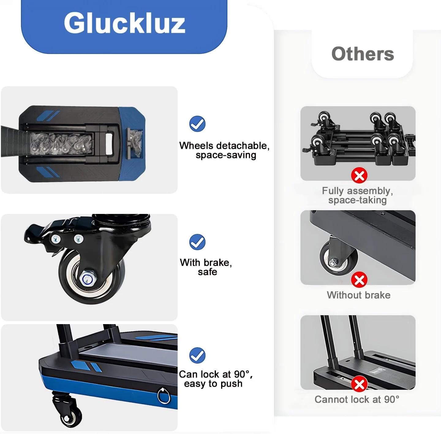 چرخ دستی تاشو Gluckluz، ترولی سکوی حمل بار سنگین، دالی تاشو با پایه قابل افزایش و چرخ های ترمزدار برای حمل چمدان، خرید، جابجایی بار، مسافرت، خانه و اداره (مشکی و آبی)