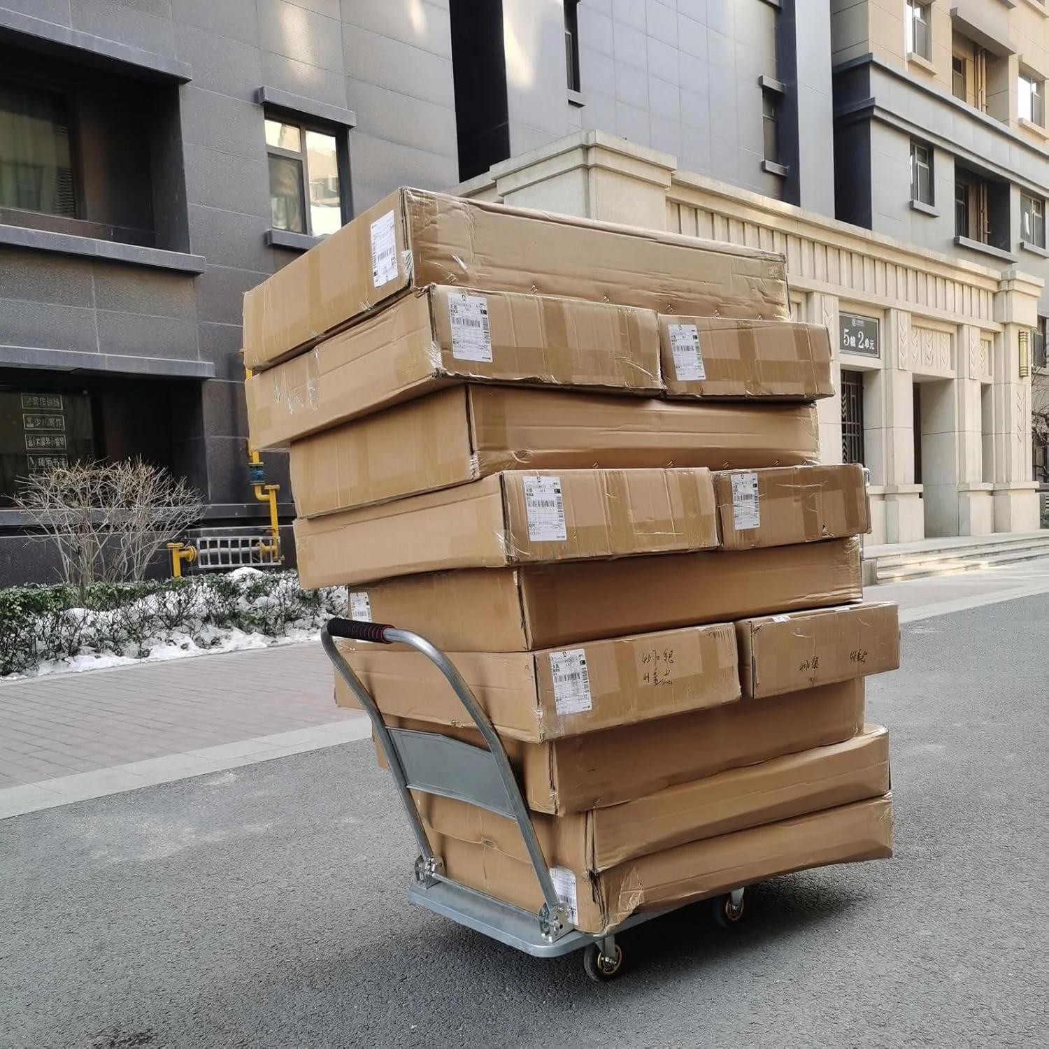 ترولی تاشو با سکو، برای بارهای سنگین، ترولی فولادی، چرخ دستی های سنگین صنعتی با سکو با چرخ های چرخان 360 درجه، انبار گاراژ، بارگیری 200 کیلوگرم