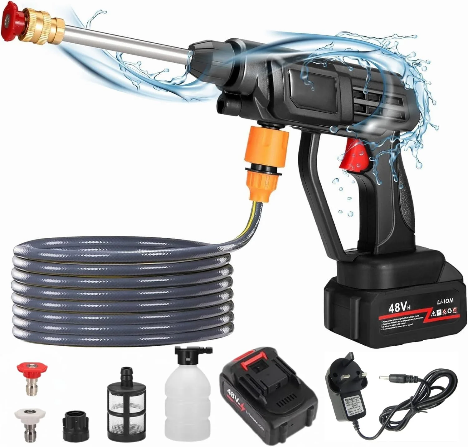 تفنگ کارواش فشار قوی 48 ولت/3 پین - دستگاه کارواش ماشین - تفنگ کارواش برقی بی سیم قابل حمل با فشار آب بالا، مورد استفاده برای تمیز کردن کف کارواش ها و آبیاری باغ
