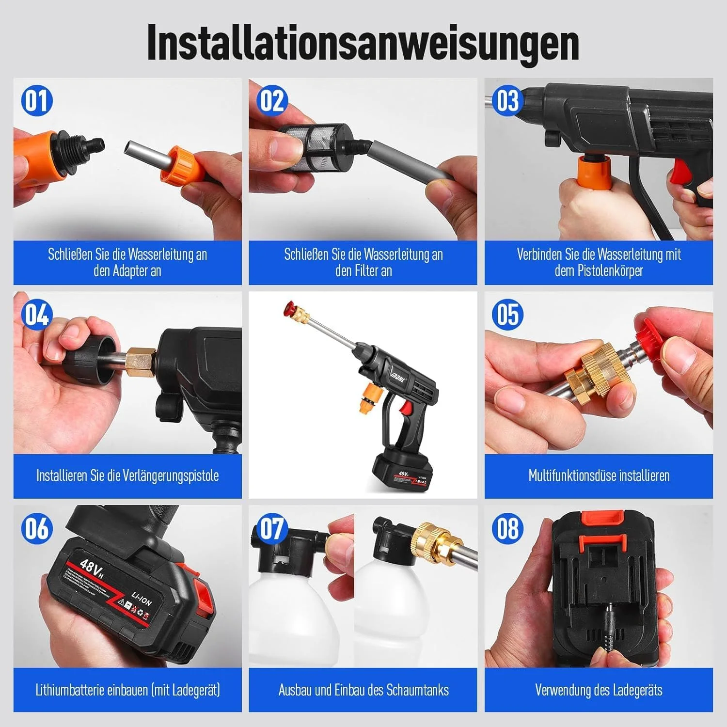 تفنگ کارواش فشار قوی 48 ولت/3 پین - دستگاه کارواش ماشین - تفنگ کارواش برقی بی سیم قابل حمل با فشار آب بالا، مورد استفاده برای تمیز کردن کف کارواش ها و آبیاری باغ