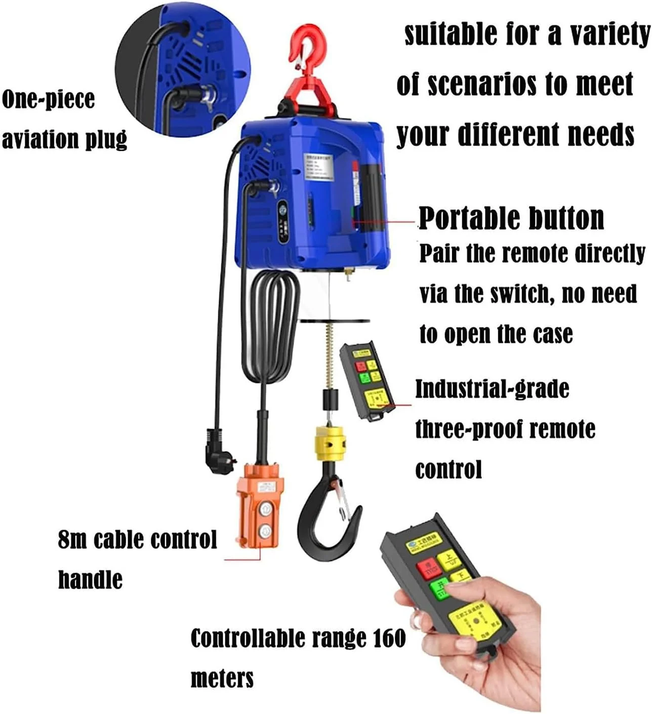 بالابر برقی جرثقیل 200 کیلوگرم 300 کیلوگرم 500 کیلوگرم وینچ برقی با 3 روش کنترل، وینچ برقی بالابر سیم کنترل از راه دور سیستم قدرت، موتور پرقدرت، 500 کیلوگرم