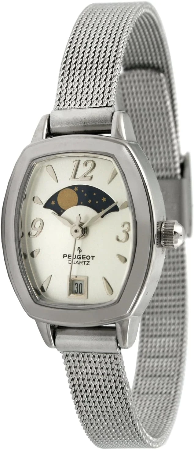 ساعت مچی زنانه پژو با بند توری باریک، طرح ماه و خورشید تزئینی و صفحه نمایش تاریخ ساعت مچی زنانه پژو با بند توری باریک، طرح ماه و خورشید تزئینی و صفحه نمایش تاریخ