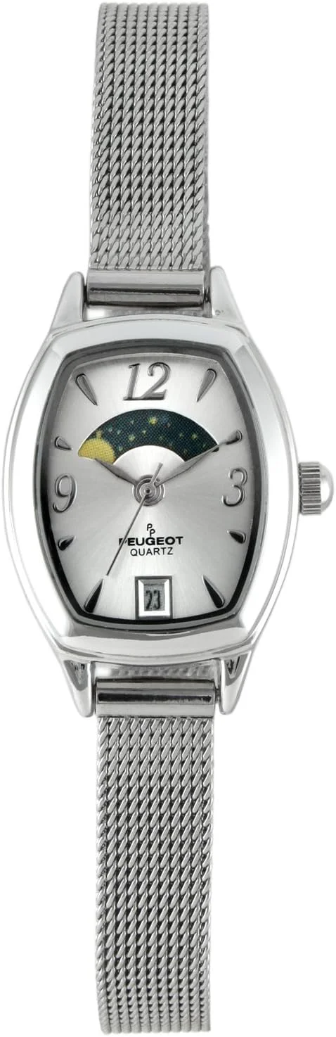 ساعت مچی زنانه پژو با بند توری باریک، طرح ماه و خورشید تزئینی و صفحه نمایش تاریخ