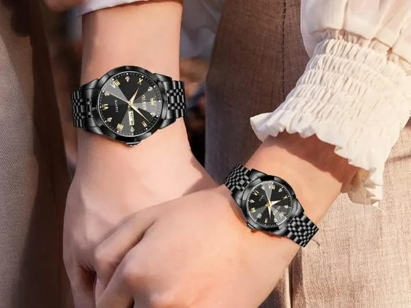 ست ساعت مچی زوج OLEVS، ساعتهای تجاری آنالوگ کوارتز مردانه و زنانه، ساعت مچی استیل ضد زنگ ضد آب با تاریخ شبنما ست ساعت مچی زوج OLEVS، ساعتهای تجاری آنالوگ کوارتز مردانه و زنانه، ساعت مچی استیل ضد زنگ ضد آب با تاریخ شبنما