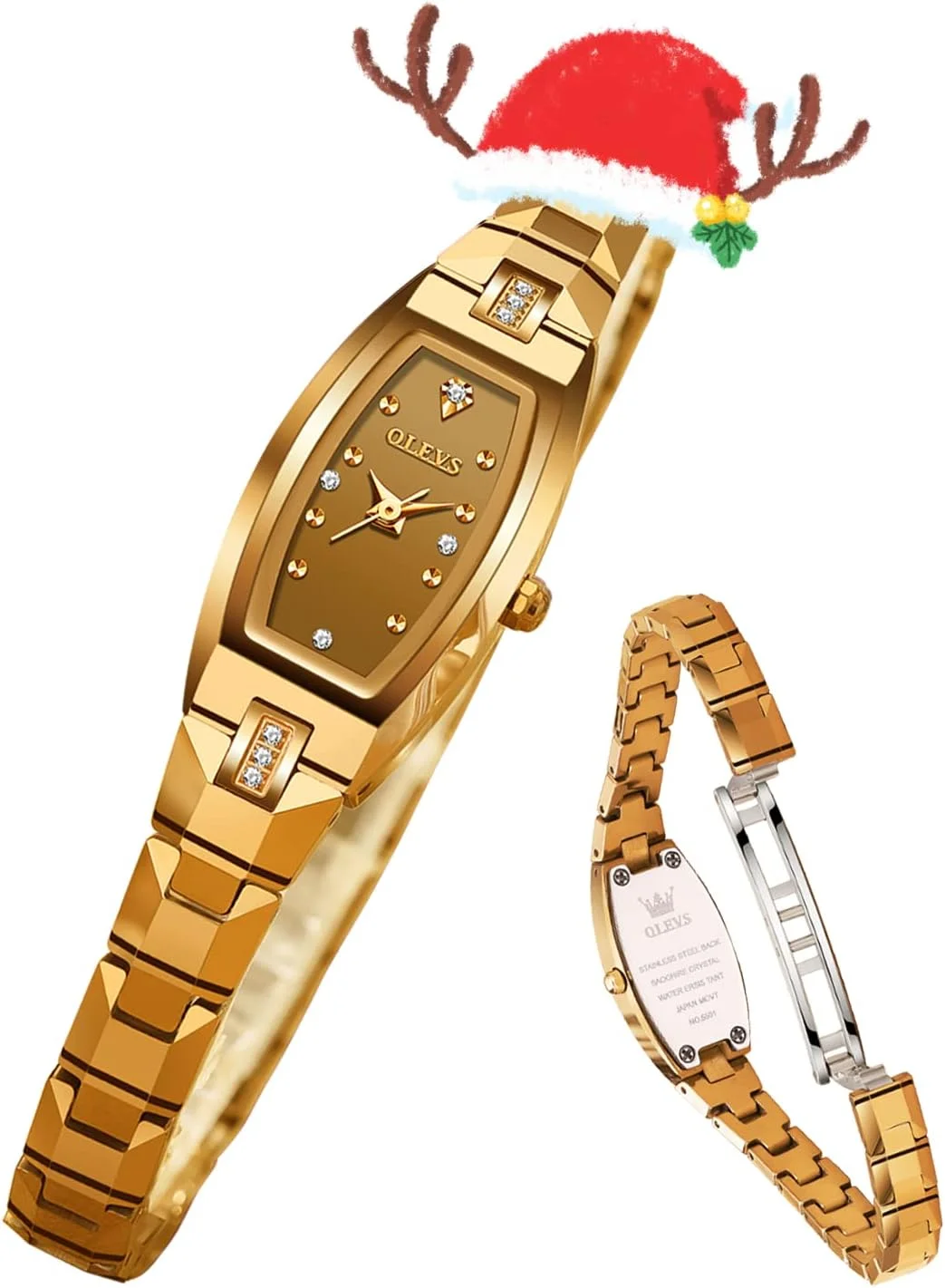 ساعت مچی زنانه اولوز، باریک، ظریف، آنالوگ، کوارتز، الماس، تنگستن استیل، مربعی شکل، صفحه کوچک، ضد آب، طلایی