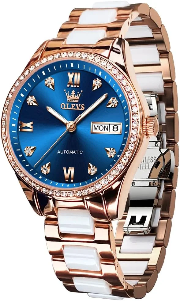 ساعت مچی مردانه اتوماتیک طلایی OLEVS، قاب استیل ضد زنگ، شب تاب، ساعت های لوکس ضد آب