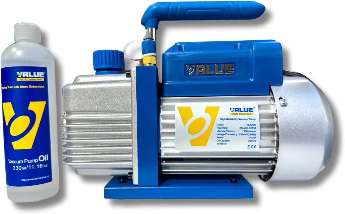 پمپ وکیوم تک مرحله ای VALUE VE125N – 1/4 اسب بخار، 2.5–3.0 CFM | وکیوم نهایی 150 میکرون | روتاری تیغه ای با روغن | سبک و قابل حمل | مناسب برای تهویه مطبوع و تبرید
