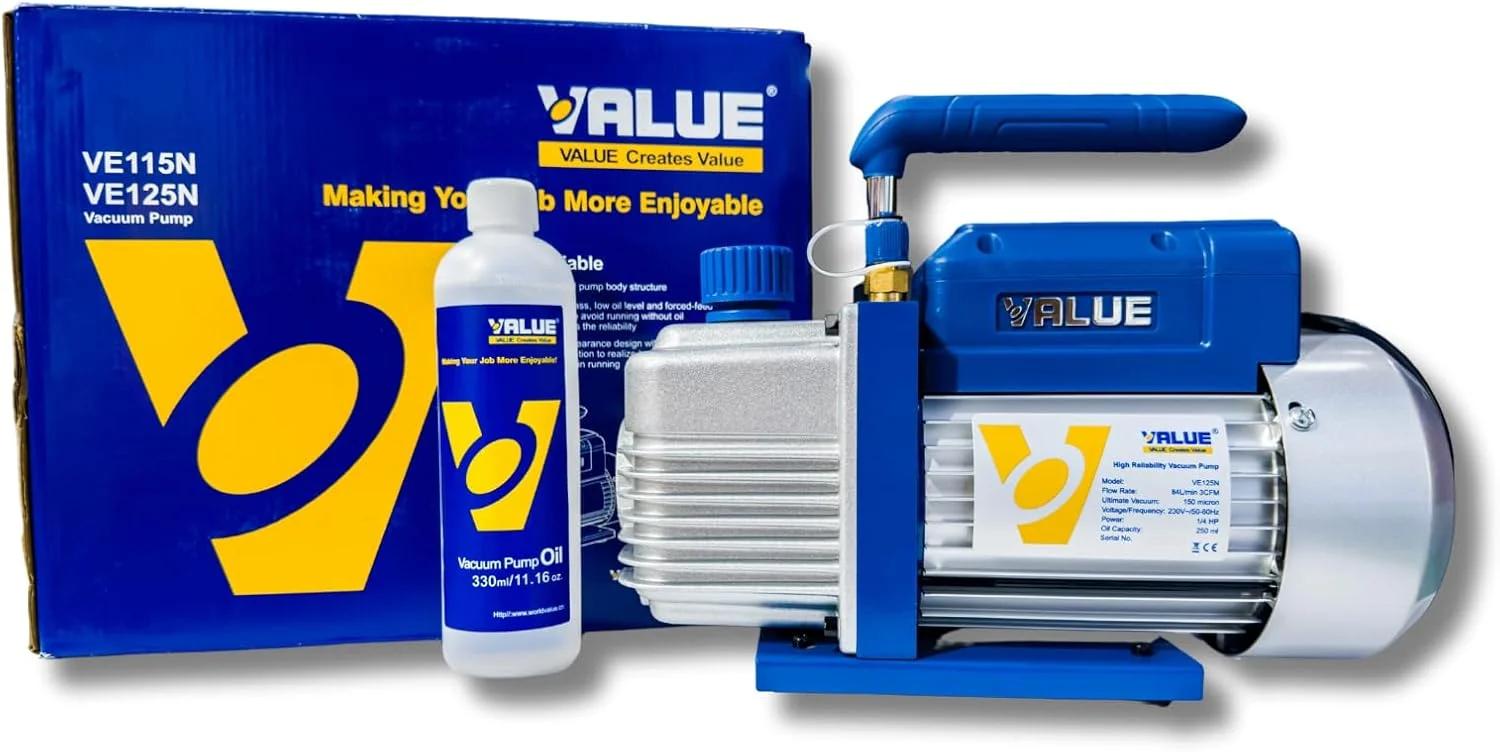 پمپ وکیوم تک مرحله ای VALUE VE125N – 1/4 اسب بخار، 2.5–3.0 CFM | وکیوم نهایی 150 میکرون | روتاری تیغه ای با روغن | سبک و قابل حمل | مناسب برای تهویه مطبوع و تبرید