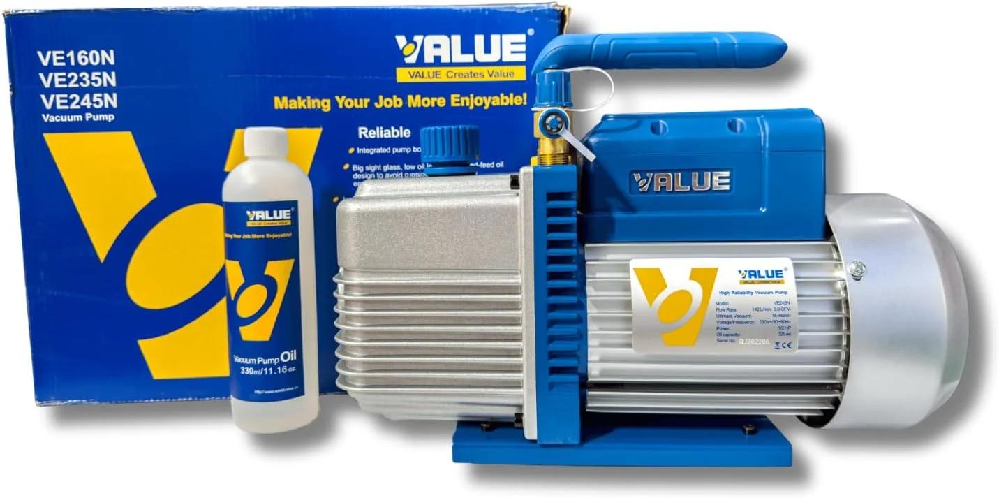 پمپ وکیوم دو مرحله ای VALUE VE245N – 1/2 اسب بخار، 4.5 CFM | وکیوم عمیق 15 میکرون | روتاری وین مهر و موم شده با روغن | جمع و جور و قابل حمل | ایده آل برای سیستم های HVAC و تبرید