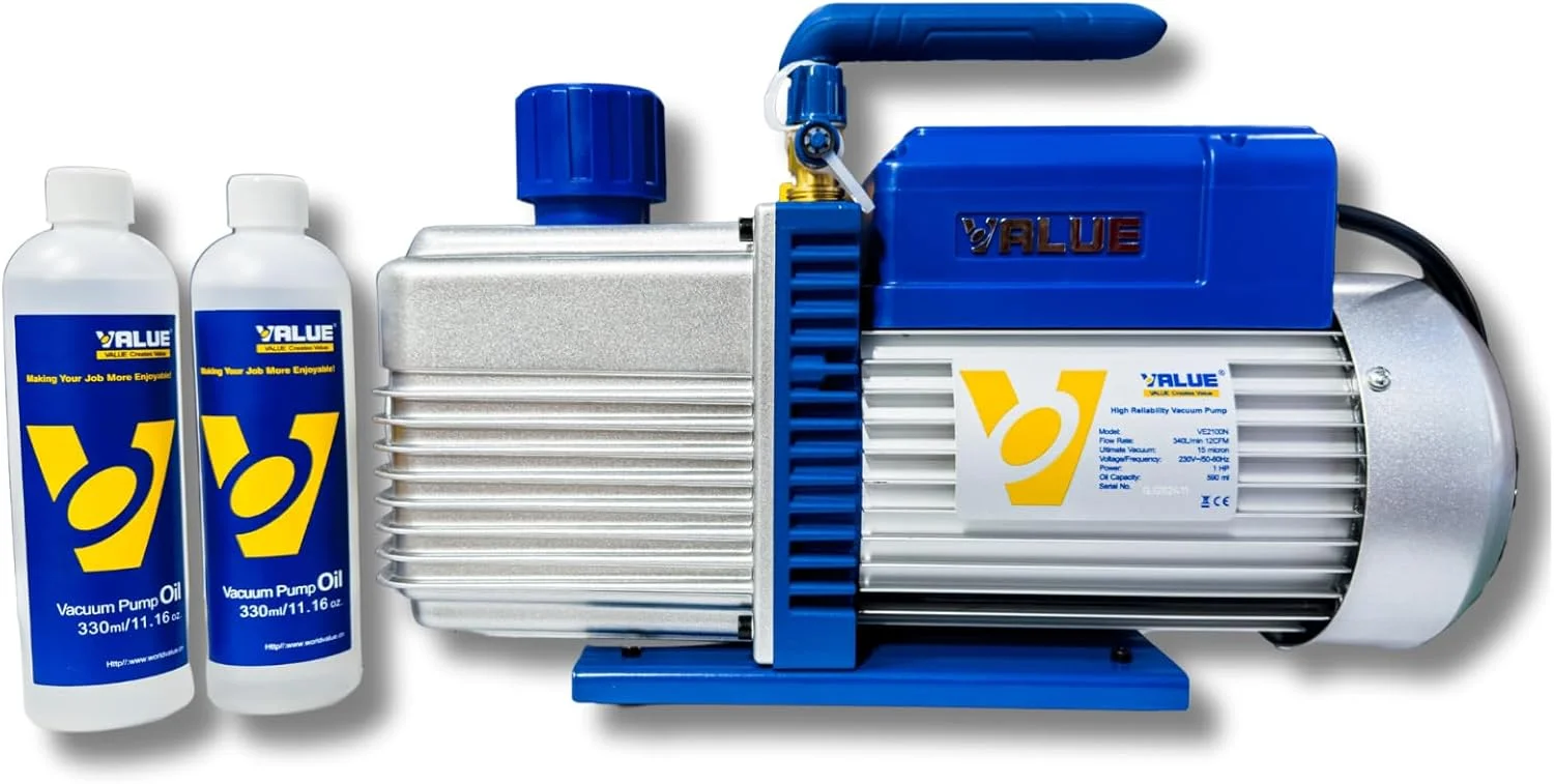 پمپ وکیوم دو مرحله ای VALUE VE2100N - 1 اسب بخار، 10 CFM | وکیوم نهایی 15 میکرون | روتاری وین مهر و موم شده با روغن | حفاظت حرارتی | برای سیستم های HVAC و تبرید