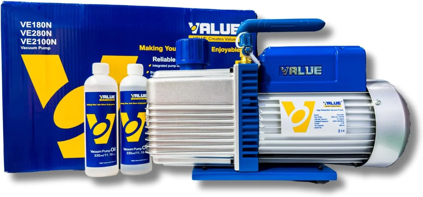 پمپ وکیوم دو مرحله ای VALUE VE2100N - 1 اسب بخار، 10 CFM | وکیوم نهایی 15 میکرون | روتاری وین مهر و موم شده با روغن | حفاظت حرارتی | برای سیستم های HVAC و تبرید