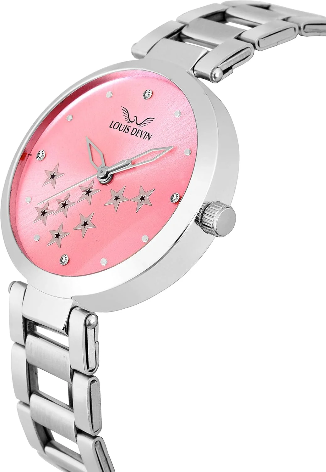 ساعت مچی عقربه ای زنانه لویی دِوین (صفحه صورتی بند نقره ای)