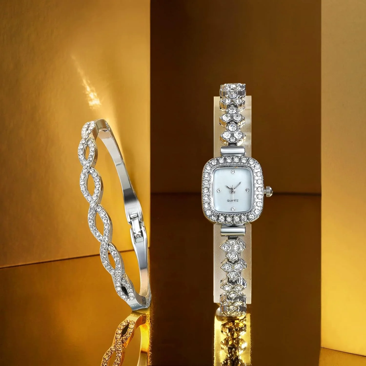 ست ساعت و دستبند زنانه شیک MAKINGTEC با نگین های Rhinestone و صفحه صدف