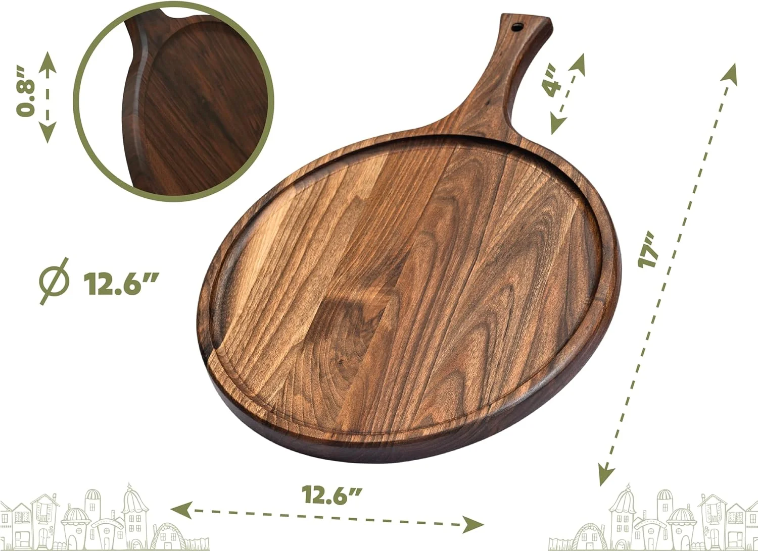 تخته سرو و برش گرد چوبی گردو وودی پاپینز با دسته - تخته چوبی شارکوتری - تطبیق پذیری شیک برای آشپزخانه شما - 43x32x2 سانتی متر - (بزرگ)