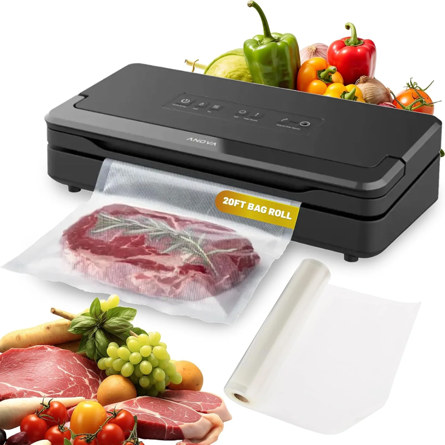 دستگاه وکیوم سیلر حرفه ای Anova Culinary Precision، شامل 1 رول کیسه، برای پخت سو وید و نگهداری مواد غذایی، مشکی، متوسط، Anova Precision Vacuum Sealer Pro، ANVS02-US00