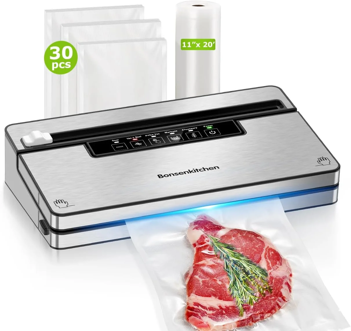 دستگاه وکیوم سیلر Bonsenkitchen، دستگاه های وکیوم سیلر استیل ضد زنگ مواد غذایی با 30 کیسه و 1 رول، 5 حالت وکیوم مواد غذایی، برش داخلی و محل نگهداری کیسه، سازگار با تعهدات آب و هوایی (نقره ای مشکی)