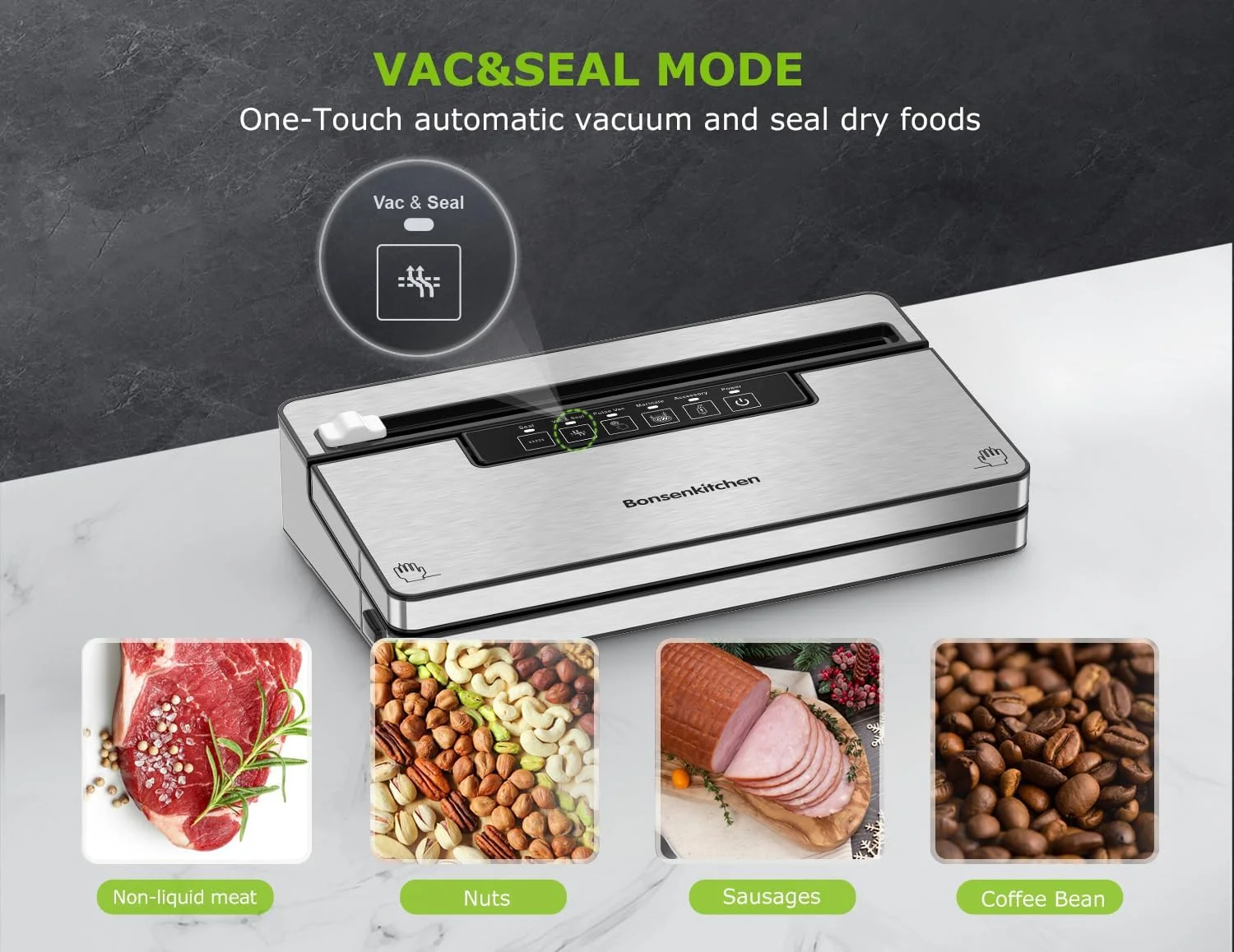 دستگاه وکیوم سیلر Bonsenkitchen، دستگاه های وکیوم سیلر استیل ضد زنگ مواد غذایی با 30 کیسه و 1 رول، 5 حالت وکیوم مواد غذایی، برش داخلی و محل نگهداری کیسه، سازگار با تعهدات آب و هوایی (نقره ای مشکی) دستگاه وکیوم سیلر Bonsenkitchen، دستگاه های وکیوم سیلر استیل ضد زنگ مواد غذایی با 30 کیسه و 1 رول، 5 حالت وکیوم مواد غذایی، برش داخلی و محل نگهداری کیسه، سازگار با تعهدات آب و هوایی (نقره ای مشکی)