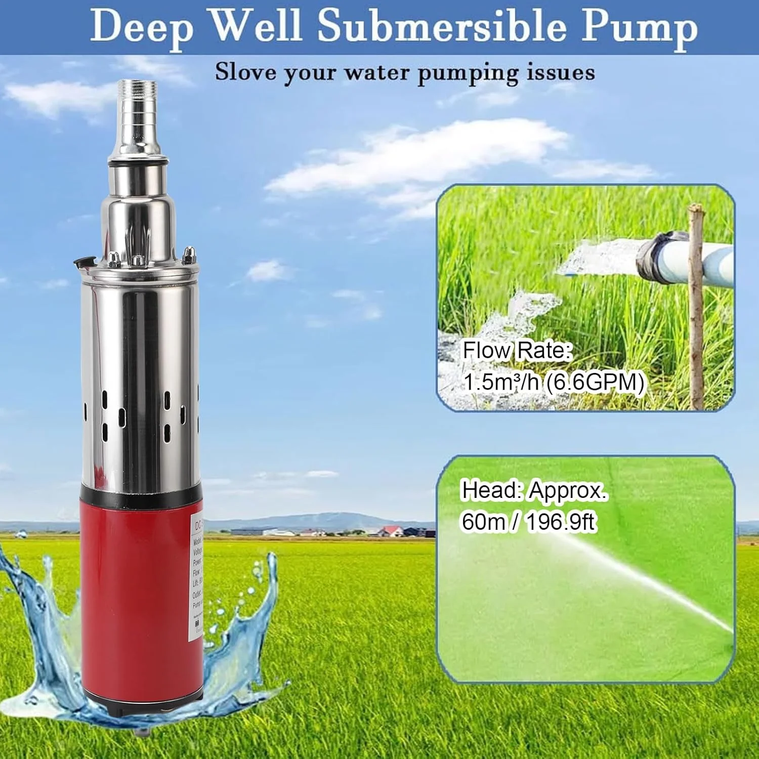 پمپ شناور چاه عمیق Asixxsix، پمپ آب خورشیدی شناور چاه عمیق با نرخ جریان 6.6GPM، ارتفاع 60 متری، خروجی 1 اینچی، 340 وات، برای مصارف صنعتی، آبیاری و خانگی