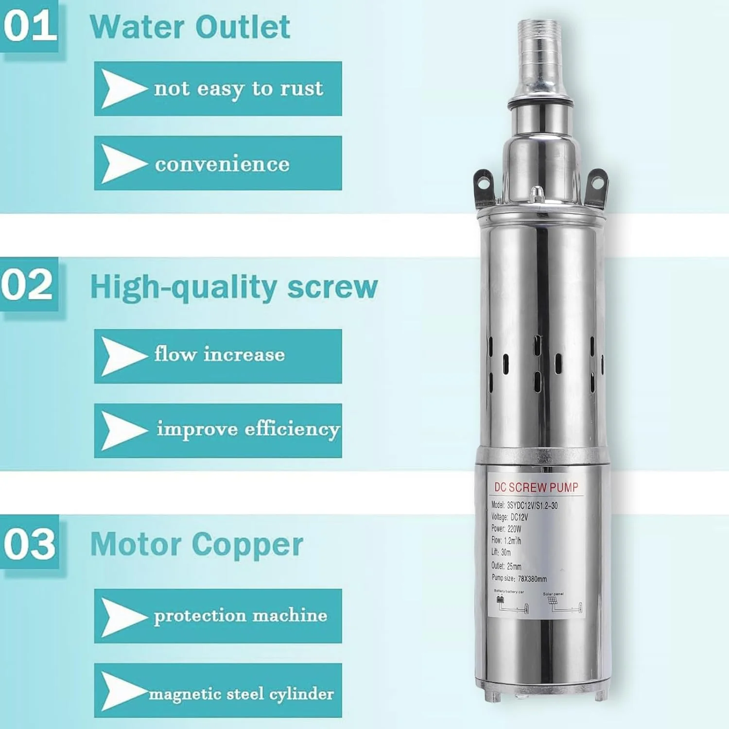 پمپ شناور چاه عمیق Asixxsix، پمپ چاه شناور خورشیدی 220 وات استیل ضد زنگ، 5.4GPM هد 98FT، پمپ های آب خورشیدی با نصب آسان برای مصارف صنعتی، آبیاری و خانگی