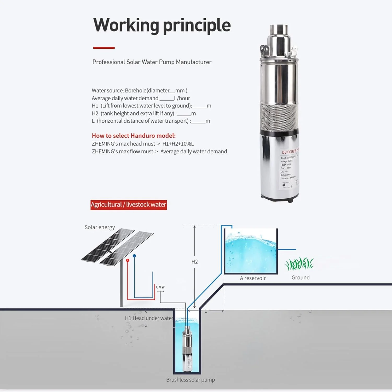 پمپ شناور چاه عمیق خورشیدی 12 ولت 220 وات Asixxsix، کیت پمپ چاه عمیق استیل ضد زنگ با ارتفاع 30 متر با سیم برق 10 متری برای آبیاری مزارع، تامین آب برج، آب خانگی