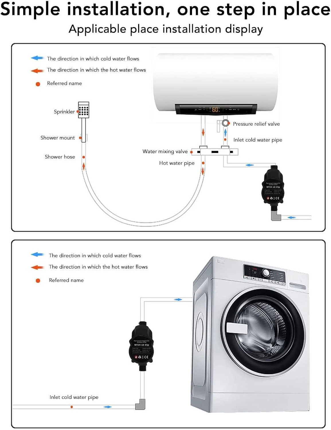 پمپ تقویت فشار آب، پمپ تقویت کننده اتوماتیک دوش کم صدا و فشار قوی سازگار با آبگرمکن های مخزن دار و بدون مخزن، پمپ تقویت کننده آب خطی DC24V با لوله آب برای خانه (UK)