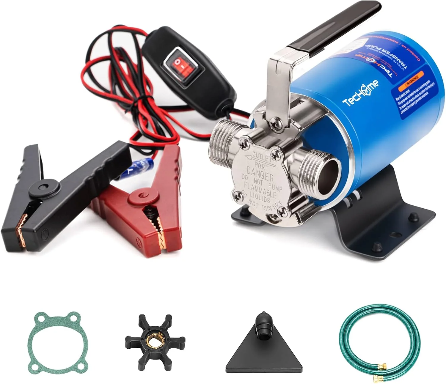 پمپ آب 12 ولت TecHome، پمپ انتقال آب 1/10 اسب بخار 330GPH، پمپ انتقال برقی قابل حمل، با کلید روشن/خاموش و کیت شلنگ مکش.