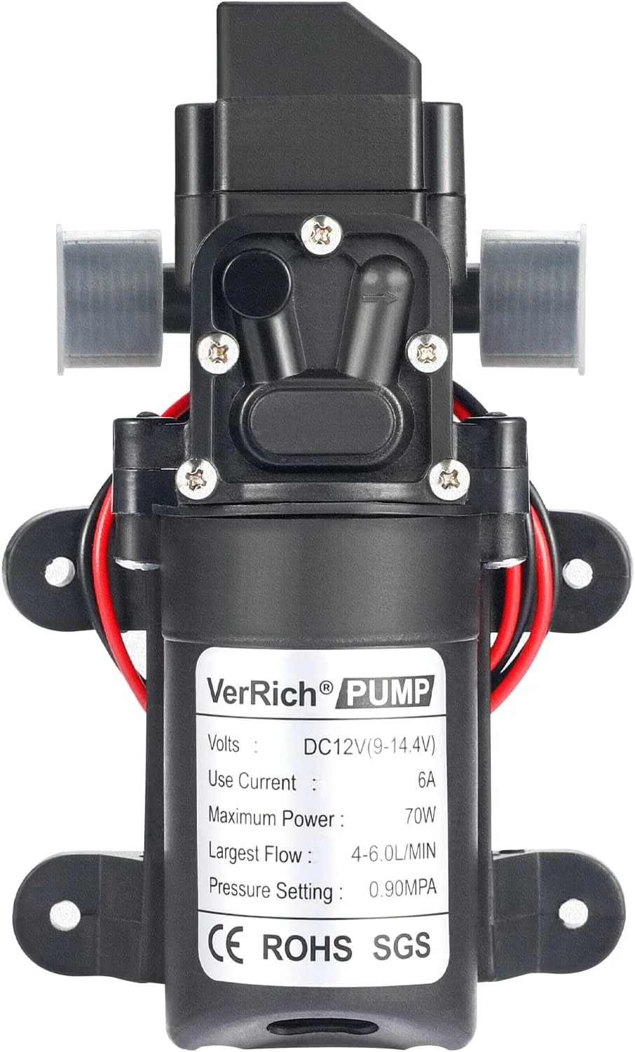 پمپ دیافراگمی آب 12 ولت VerRich، پمپ آب 70 وات 6 لیتر در دقیقه 0.9MPA 131 PSI برای شیر آب و باغبانی (اتصال G1/2 اینچ 20 میلی متر)