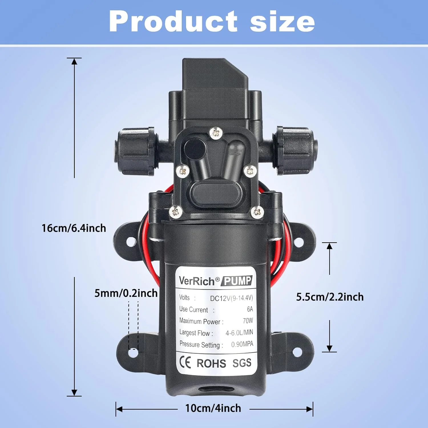 پمپ آب 12 ولت VerRich، پمپ دیافراگمی 12 ولت 70 وات 4 لیتر در دقیقه 0.9MPA 131 PSI اتصالات M18*1.5mm برای شیر آب، باغ، کاروان