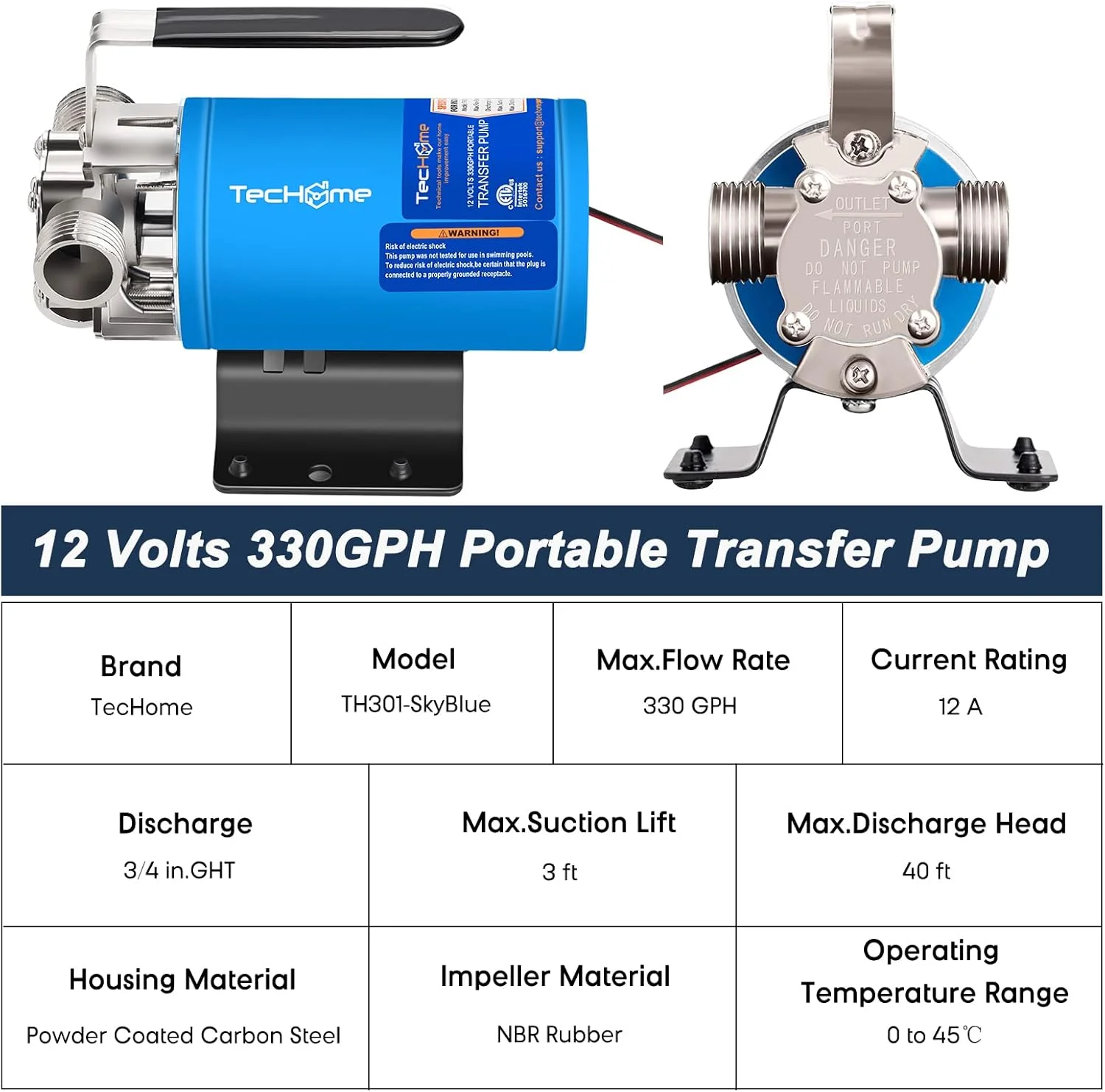 پمپ آب 12 ولت TecHome، پمپ انتقال آب 1/10 اسب بخار 330GPH، پمپ انتقال برقی قابل حمل، با کلید روشن/خاموش و کیت شلنگ مکش.