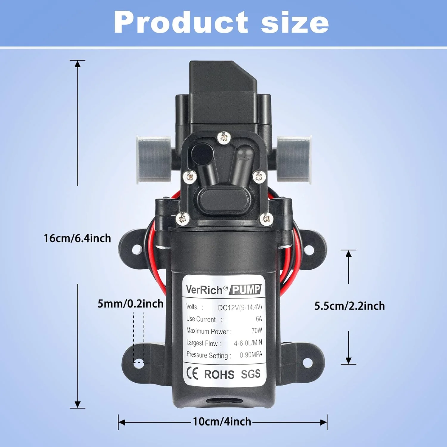 پمپ دیافراگمی آب 12 ولت VerRich، پمپ آب 70 وات 6 لیتر در دقیقه 0.9MPA 131 PSI برای شیر آب و باغبانی (اتصال G1/2 اینچ 20 میلی متر)