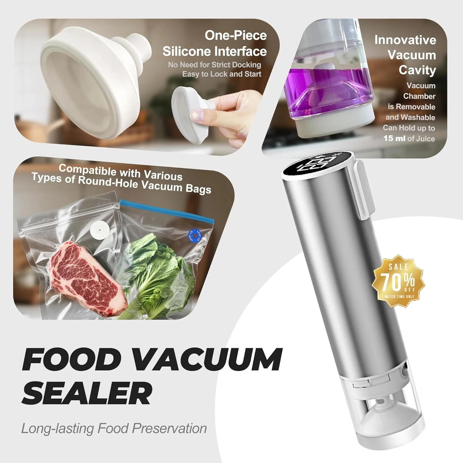 FloVogue Food Saver Vacuum Sealer Machine - Handheld Compact Vacuum Sealer for Food, Food Sealer Vacuum Sealer, Bag Sealer, with 30 Reusable vacuum sealer bags for food