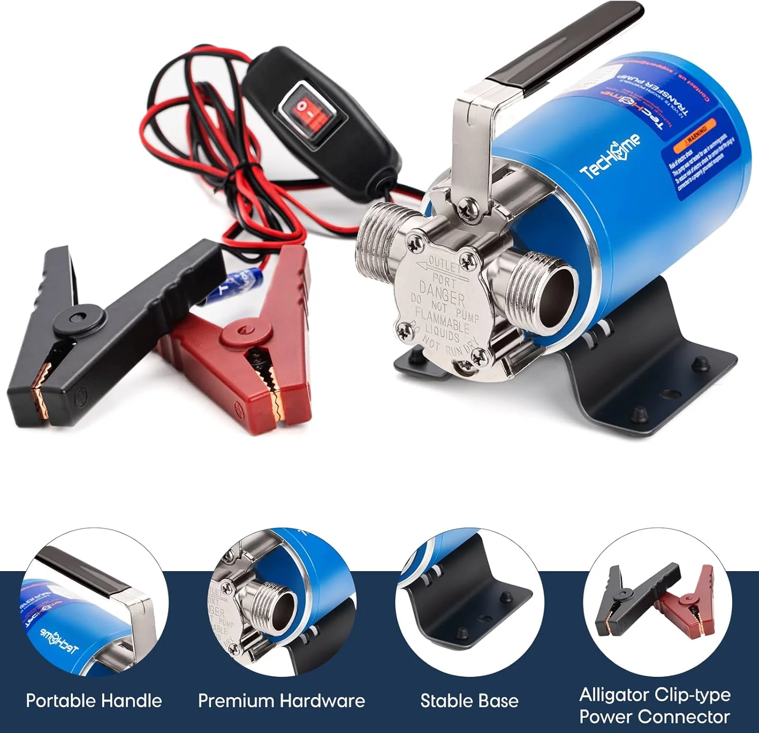 پمپ آب 12 ولت TecHome، پمپ انتقال آب 1/10 اسب بخار 330GPH، پمپ انتقال برقی قابل حمل، با کلید روشن/خاموش و کیت شلنگ مکش.