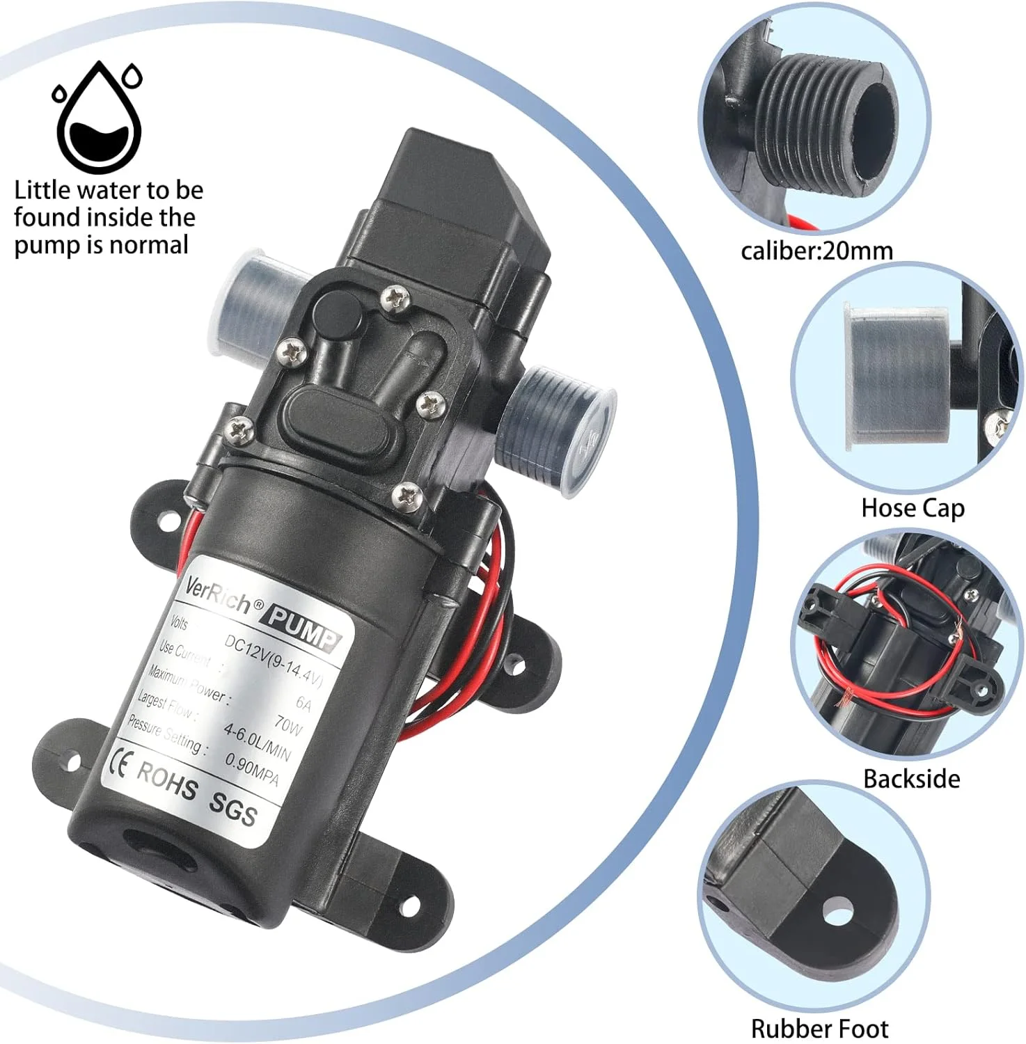 پمپ دیافراگمی آب 12 ولت VerRich، پمپ آب 70 وات 6 لیتر در دقیقه 0.9MPA 131 PSI برای شیر آب و باغبانی (اتصال G1/2 اینچ 20 میلی متر)
