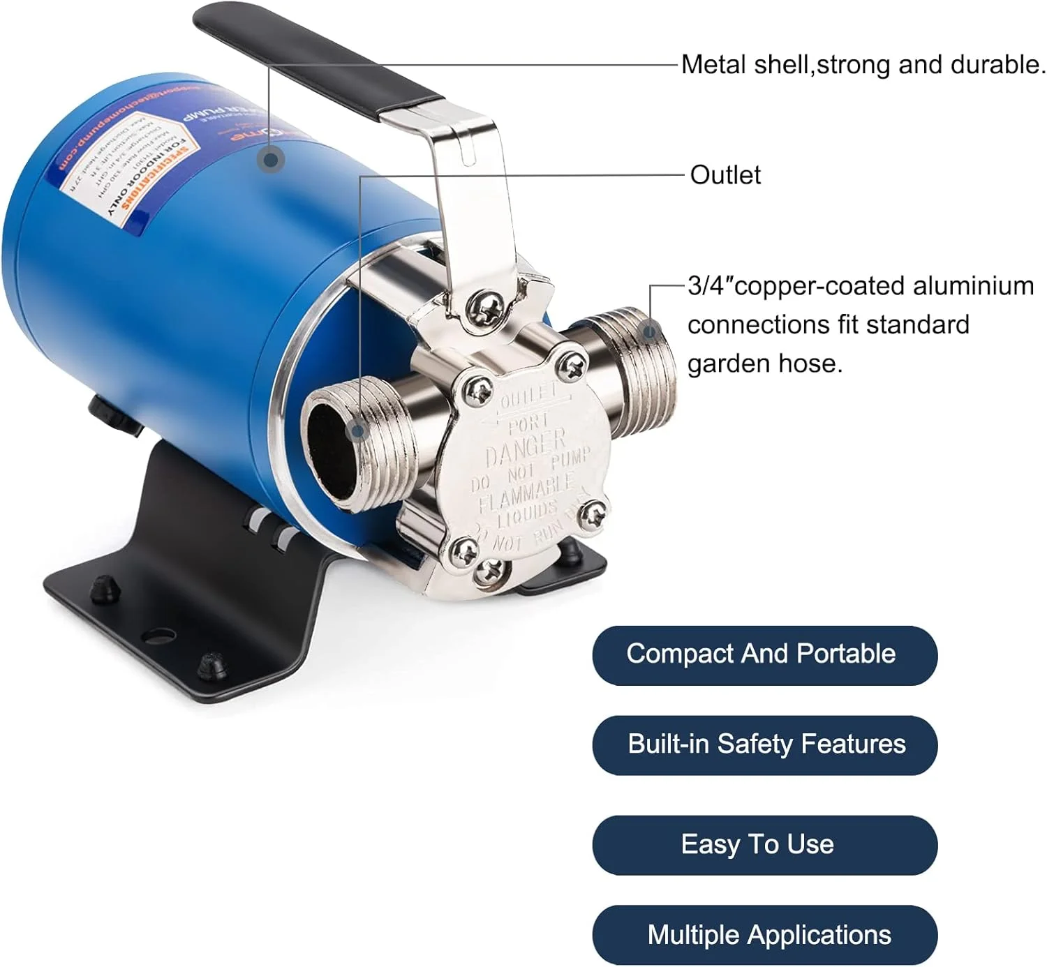 پمپ آب 12 ولت TecHome، پمپ انتقال آب 1/10 اسب بخار 330GPH، پمپ انتقال برقی قابل حمل، با کلید روشن/خاموش و کیت شلنگ مکش.