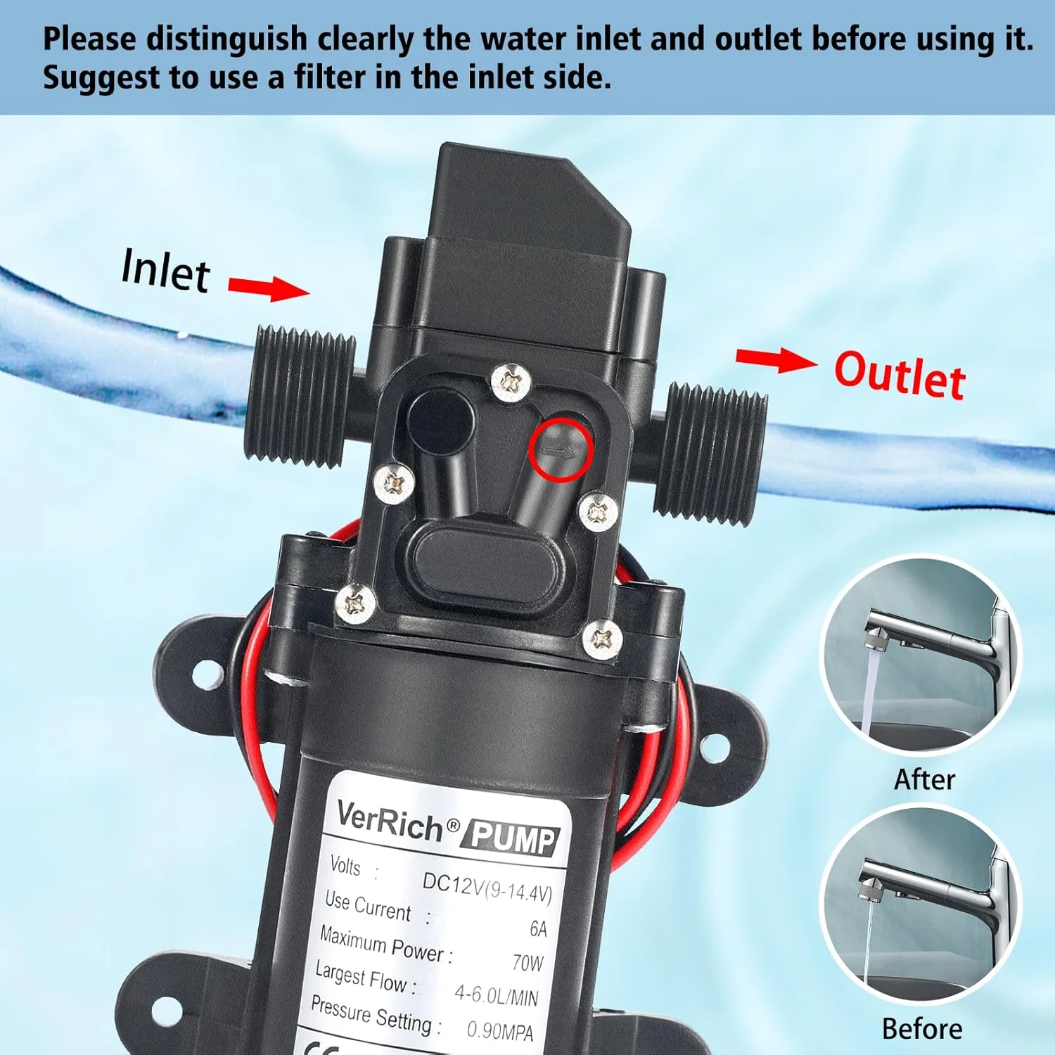 پمپ دیافراگمی آب 12 ولت VerRich، پمپ آب 70 وات 6 لیتر در دقیقه 0.9MPA 131 PSI برای شیر آب و باغبانی (اتصال G1/2 اینچ 20 میلی متر)