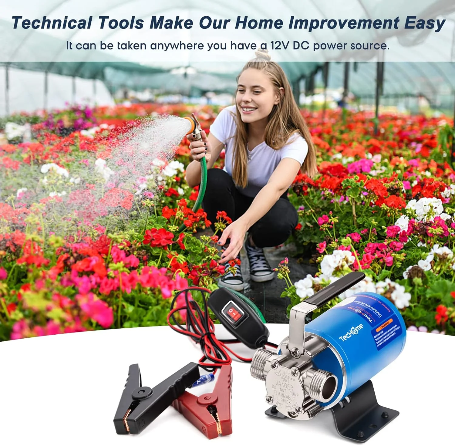 پمپ آب 12 ولت TecHome، پمپ انتقال آب 1/10 اسب بخار 330GPH، پمپ انتقال برقی قابل حمل، با کلید روشن/خاموش و کیت شلنگ مکش.