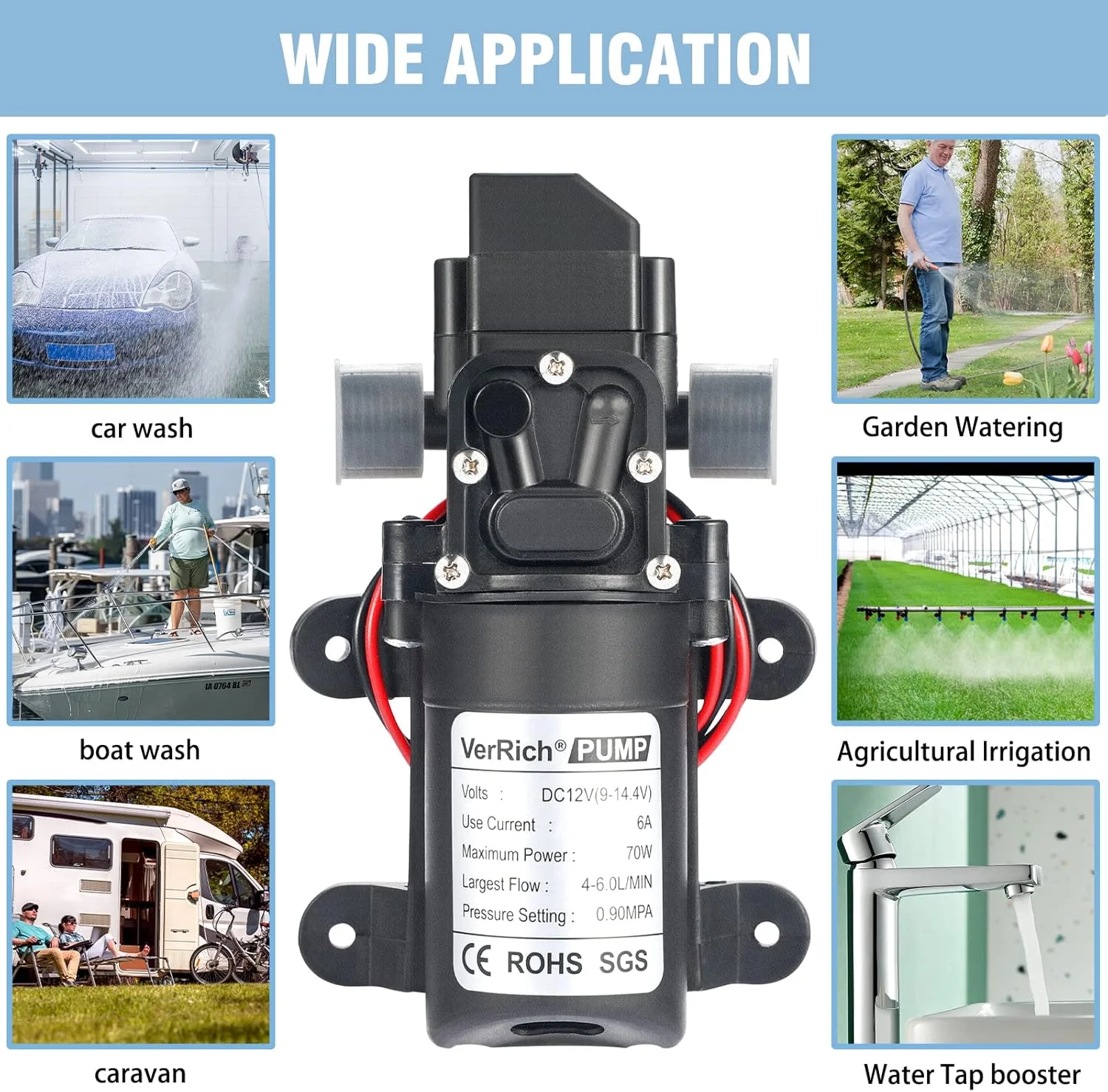 پمپ دیافراگمی آب 12 ولت VerRich، پمپ آب 70 وات 6 لیتر در دقیقه 0.9MPA 131 PSI برای شیر آب و باغبانی (اتصال G1/2 اینچ 20 میلی متر)