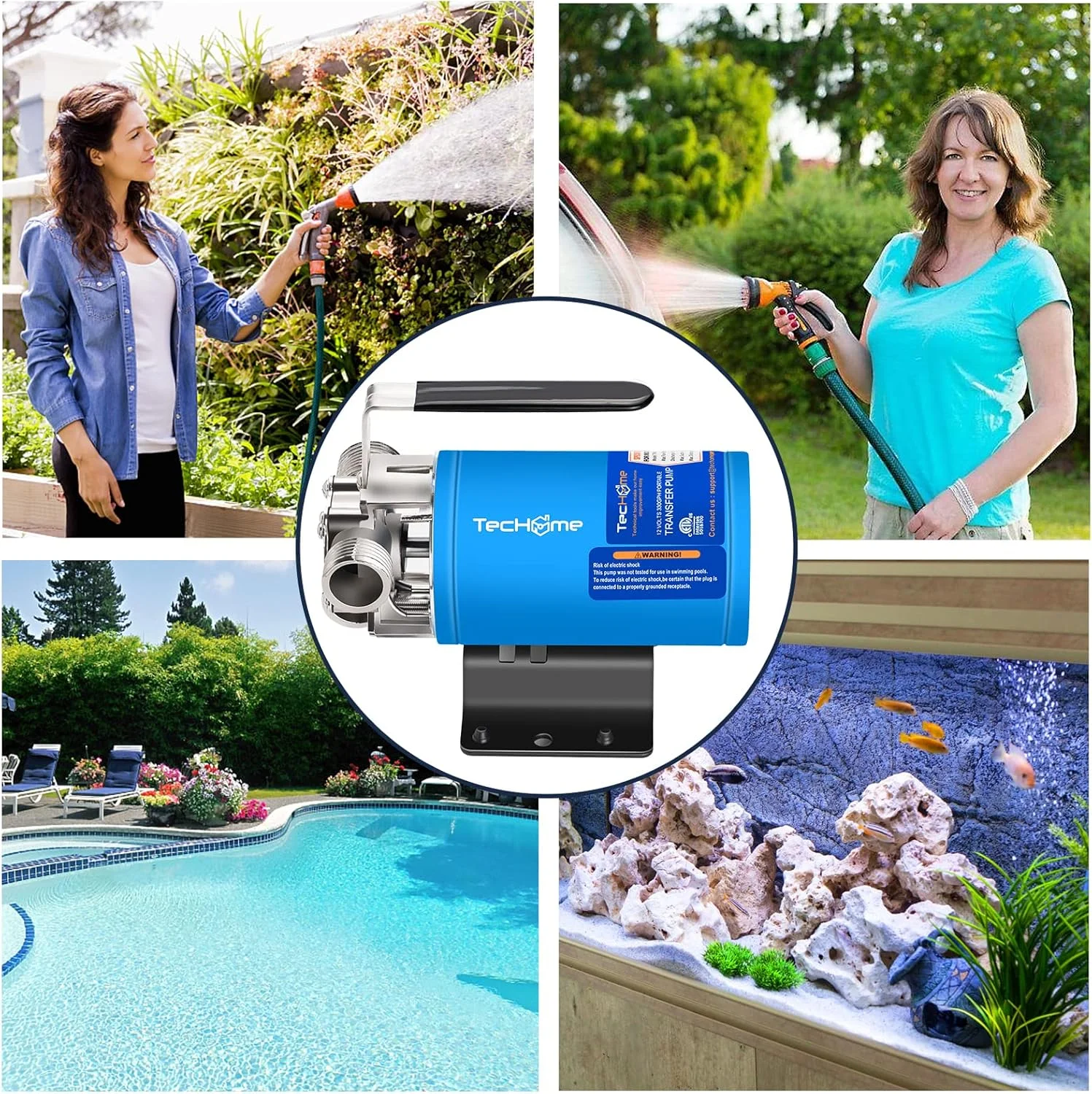 پمپ آب 12 ولت TecHome، پمپ انتقال آب 1/10 اسب بخار 330GPH، پمپ انتقال برقی قابل حمل، با کلید روشن/خاموش و کیت شلنگ مکش.