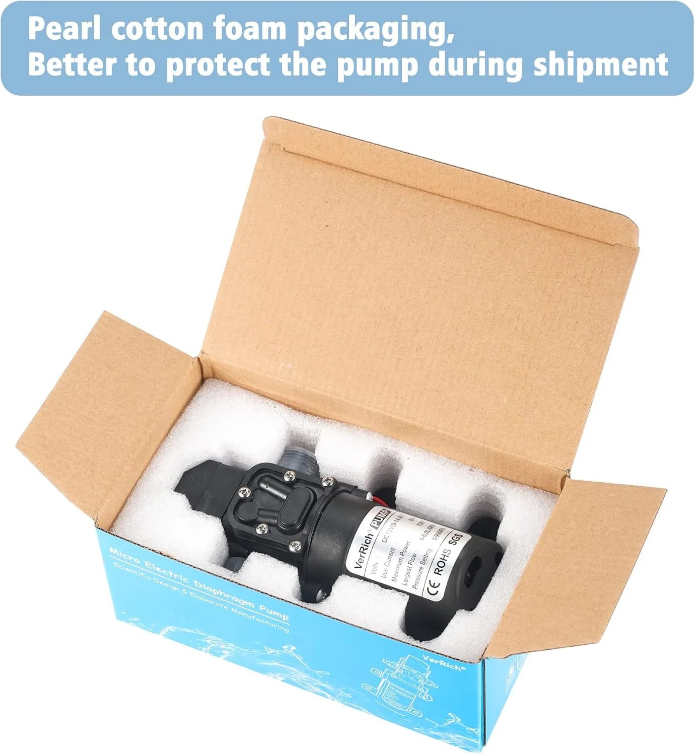 پمپ دیافراگمی آب 12 ولت VerRich، پمپ آب 70 وات 6 لیتر در دقیقه 0.9MPA 131 PSI برای شیر آب و باغبانی (اتصال G1/2 اینچ 20 میلی متر)