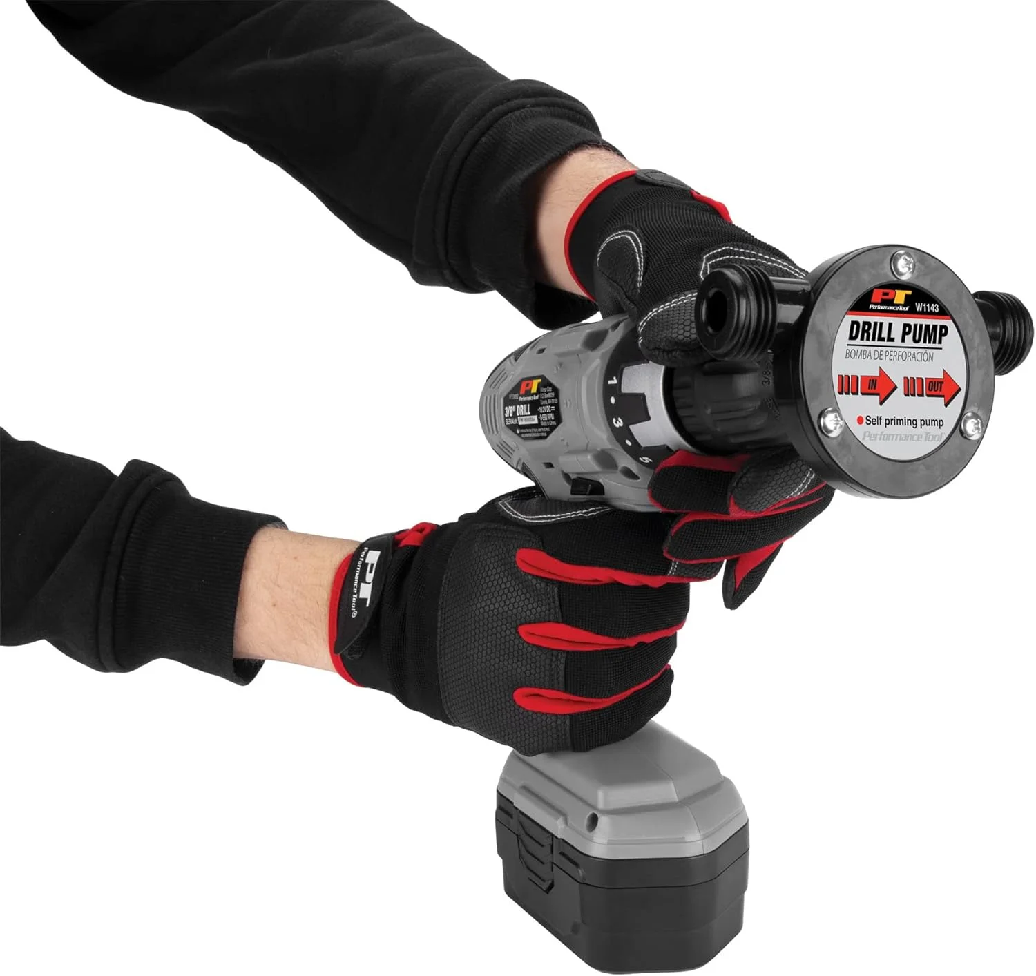 پمپ انتقال مایعات Performance Tool W1143 برای دریل های سیمی/شارژی - 850 لیتر در ساعت، حداکثر قطر شلنگ 19 میلی متر، خود مکش، شفت مقاوم در برابر خوردگی